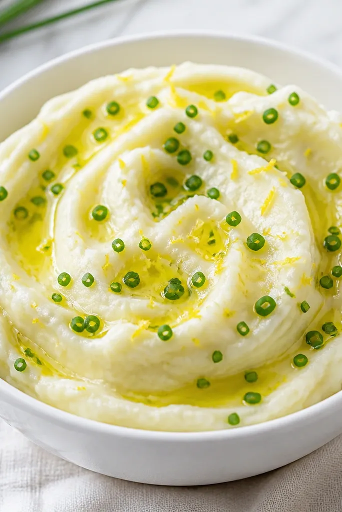 A bright white bowl of mashed potatoes with a glossy green oil drizzle. Lemon zest is sprinkled on top, and chive rounds are scattered like confetti.