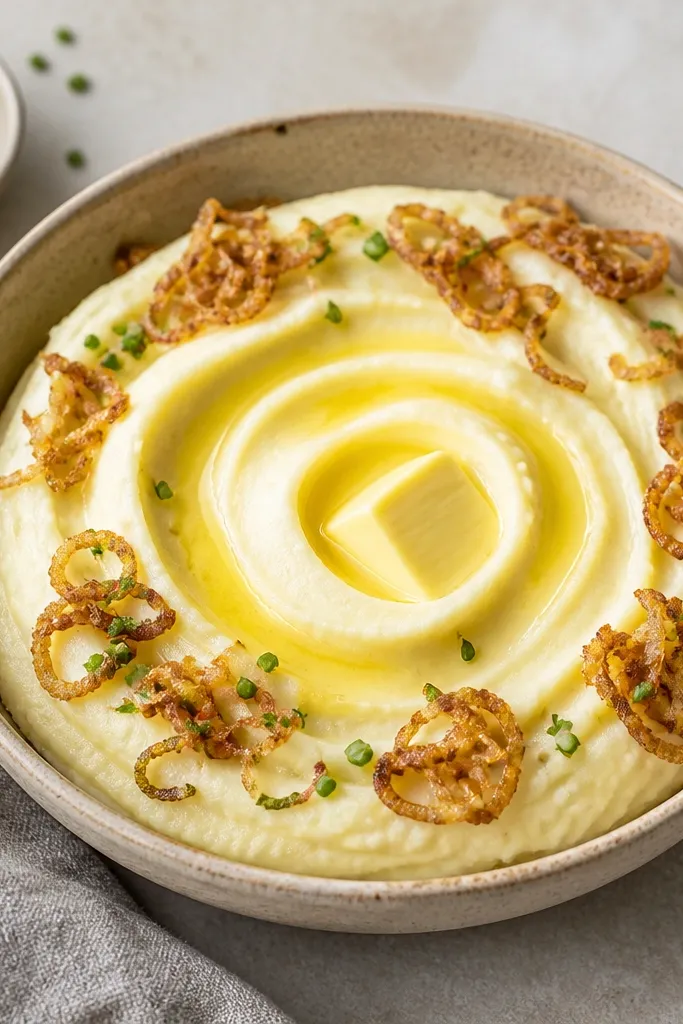 Mashed potatoes with a smooth surface and a visible swirl pattern of vegan butter on top. Crispy shallots are scattered around the edges, with a few chive pieces.