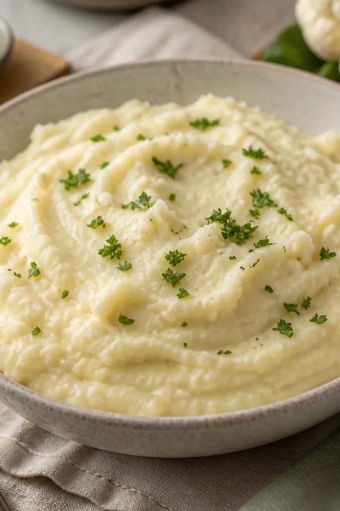 A bowl of mashed potatoes with a slightly thicker, creamy texture and tiny pale cauliflower bits. The color is warm off-white with a soft matte finish and a sprinkle of parsley.