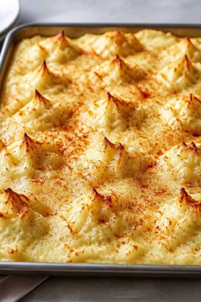 A large sheet pan filled with mashed potatoes spread in an even layer, with a browned top in spots and a light sprinkle of paprika. Small spooned peaks are spaced out like serving portions.