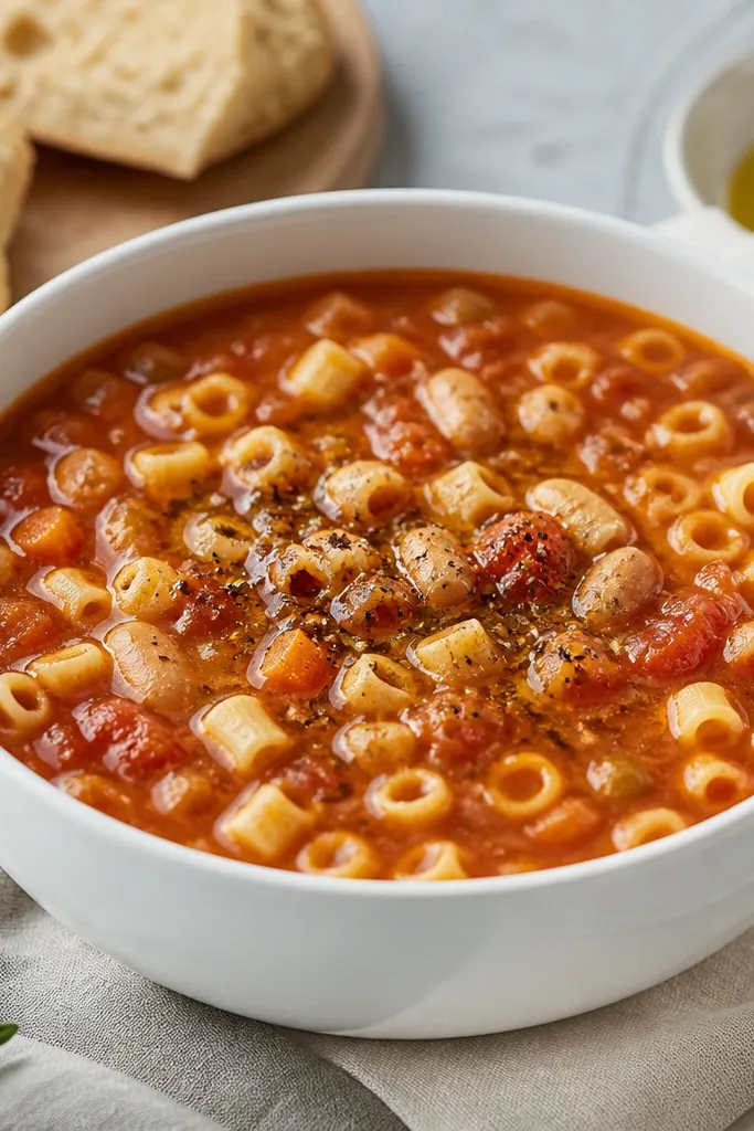 A white ceramic bowl filled with vegetarian pasta fagioli. The broth is a deep brick-red with visible tiny bean pieces and short pasta shapes. A dusting of black pepper sits on top, with a small drizzle of olive oil catching light.