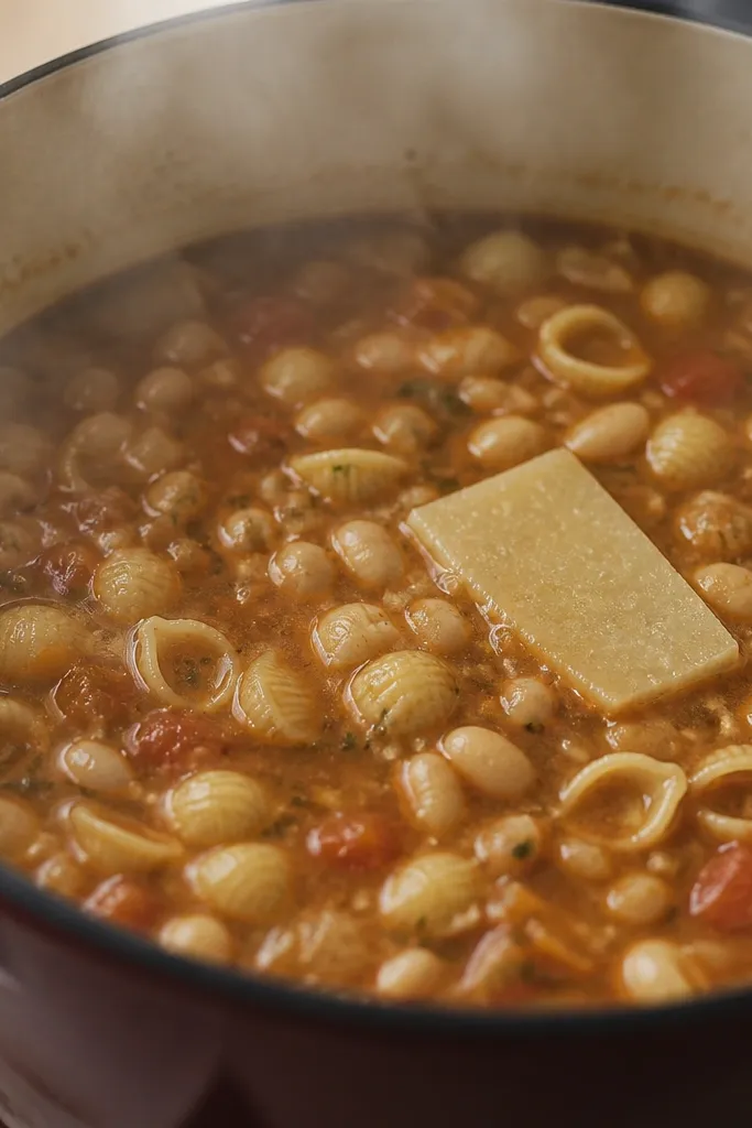 A pot-side photo showing a simmering pasta fagioli with small shells in a reddish-brown sauce. A piece of pale beige Parmesan rind is visible floating near the surface. Steam fogs the rim.