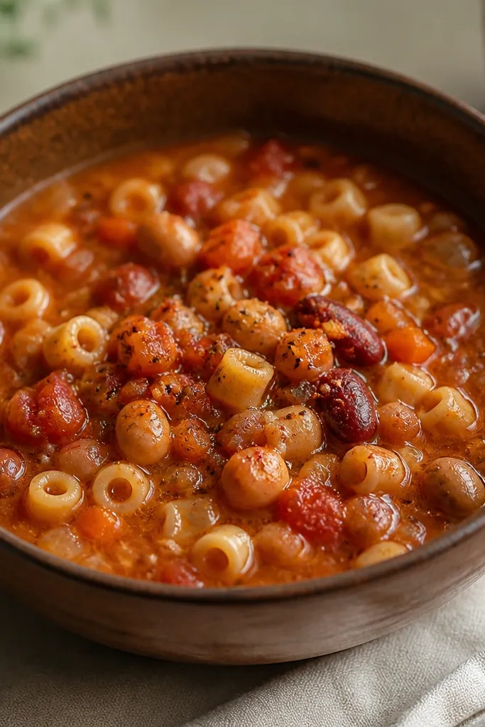 A darker, rust-brown pasta fagioli bowl. The surface has a light sheen and a warm orange-red tint. Tiny black flecks of pepper and a few paprika dust streaks sit on top.