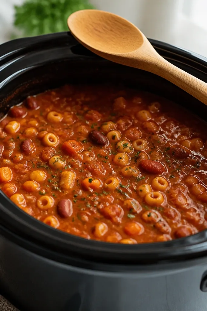 A slow cooker insert filled with thick red pasta fagioli. The sauce has a slow-bubble look, with beans and small pasta visible. A wooden spoon rests across the rim.