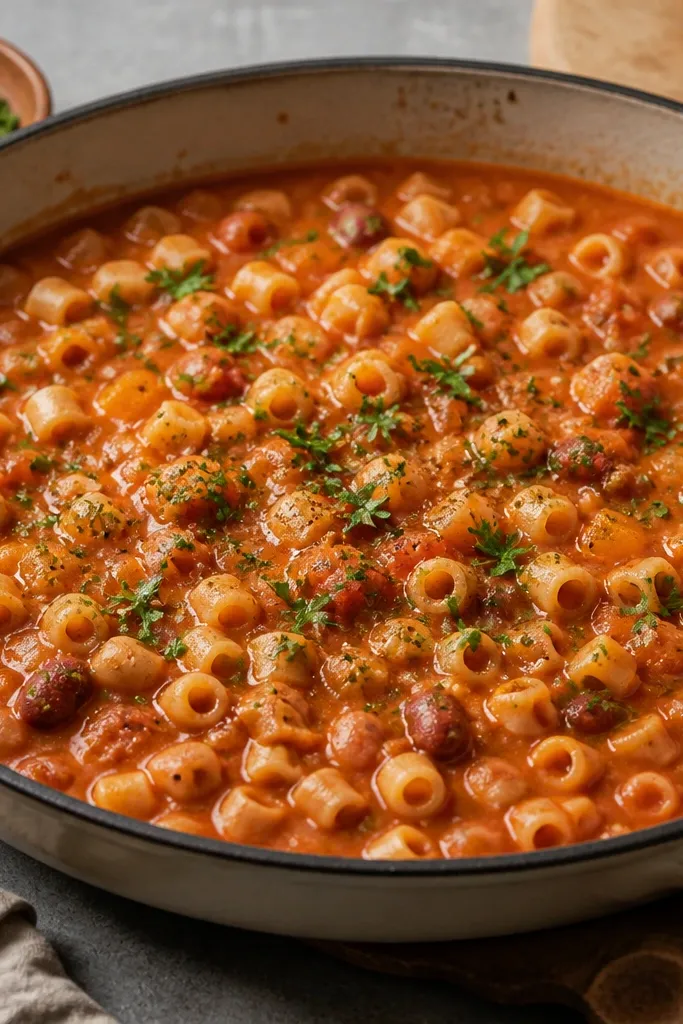 A wide skillet with bubbling pasta fagioli. Short pasta is visible across the surface, sauce is thick and glossy, and a sprinkle of parsley sits on top.