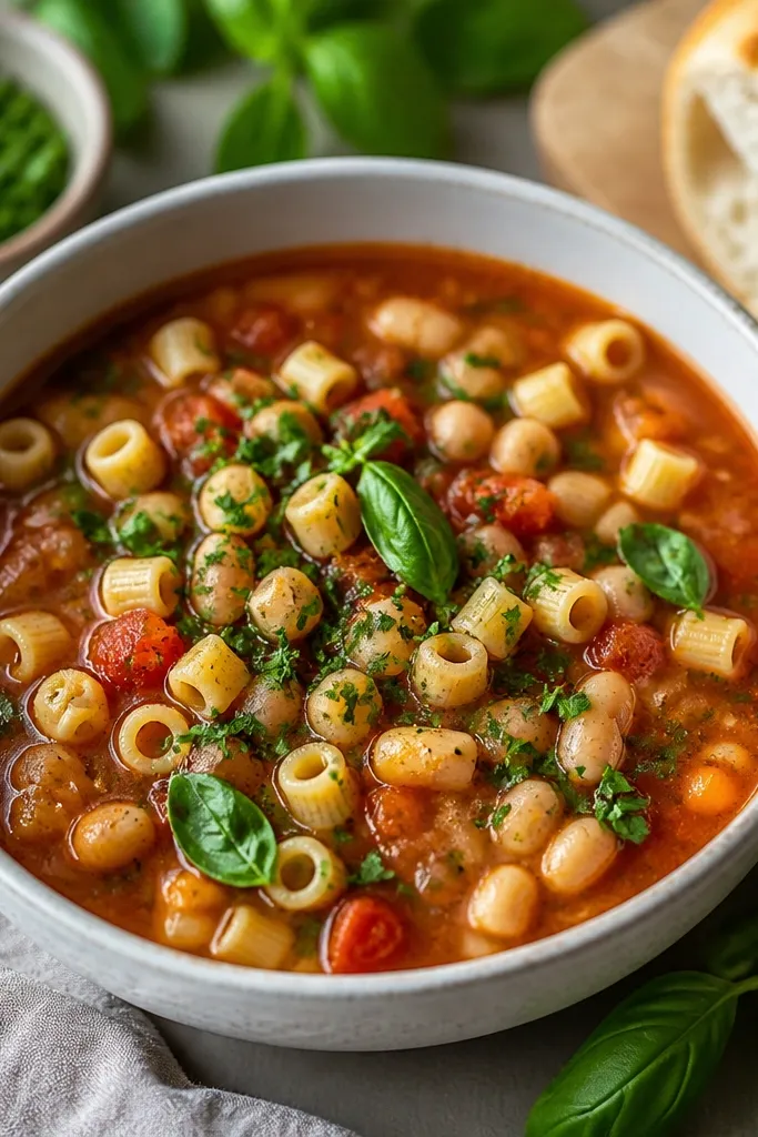 A bowl of pasta fagioli with a visible scatter of chopped parsley and a few basil leaves. The red sauce shows small green flecks, and the pasta pieces are clear and distinct.