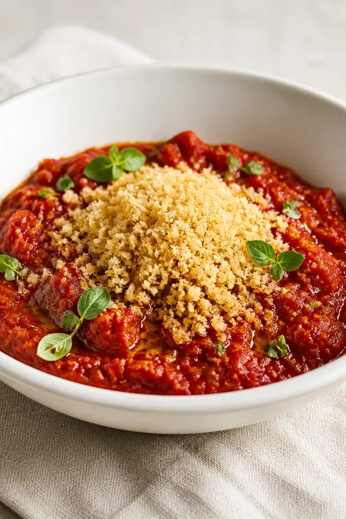 A plated bowl with a pale golden crumb topping. The sauce is red and thick, and the breadcrumb dust sits in a light mound near the center with a few herbs around it.