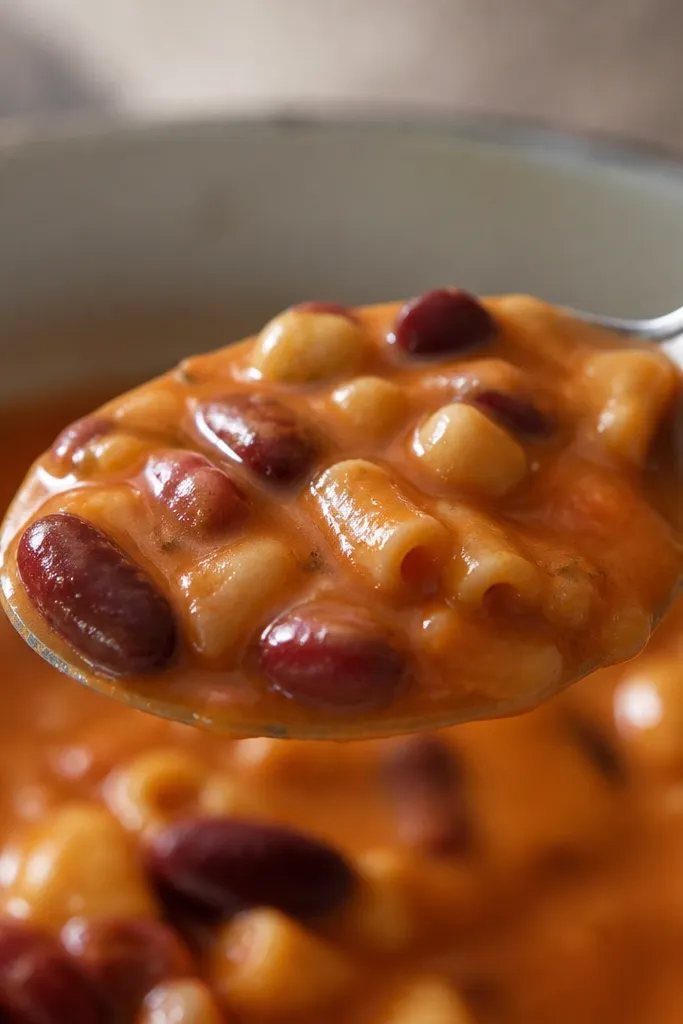 A close-up spoon shot. The sauce clings to the spoon in a thick coat, with visible bean skins and tiny pasta pieces. The surface looks smooth, not watery.