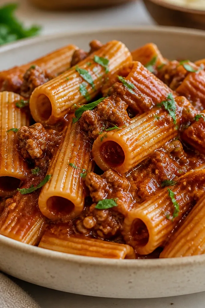 A close-up bowl of rigatoni coated in a deep red-brown vodka meat sauce, meat crumbles visible inside the ridges, a light sheen on top, and a sprinkle of chopped parsley.