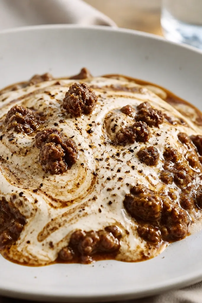 A plated portion where the sauce has visible creamy swirls over a darker meat base, with a few whole meat crumbles on top and black pepper specks.