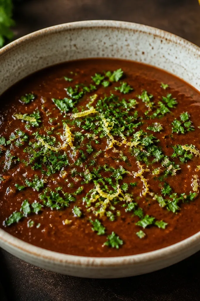 A bowl with chopped parsley scattered on top and a light dusting of pale yellow lemon zest, against a dark red-brown sauce.