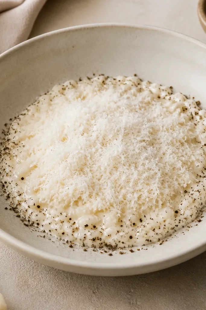A serving plate where Parmesan is finely grated like snow on top, with a visible circle of cracked black pepper around the edge of the bowl.