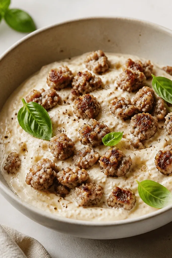 A bowl where some meat crumbles are visibly intact and sit on a smoother cream-coated base, with a few basil leaves as small accents.