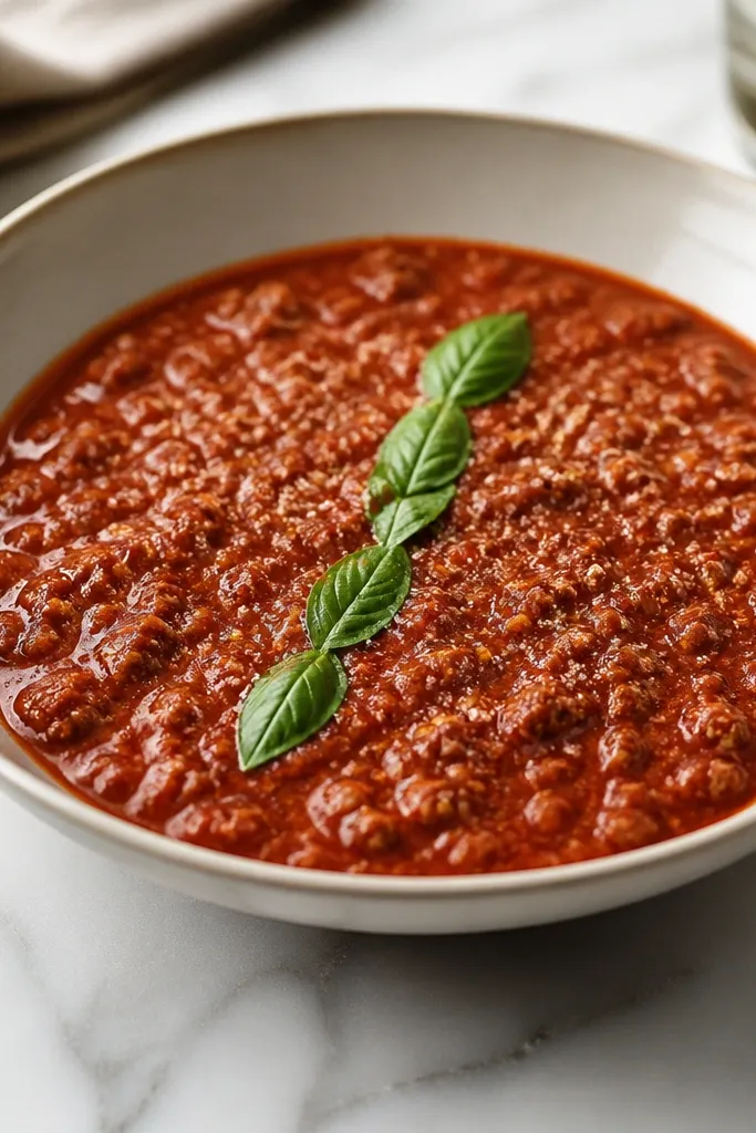 A simple bowl of vodka meat sauce with one thin line of basil leaves laid across the top, minimal Parmesan dusting, and a glossy surface.