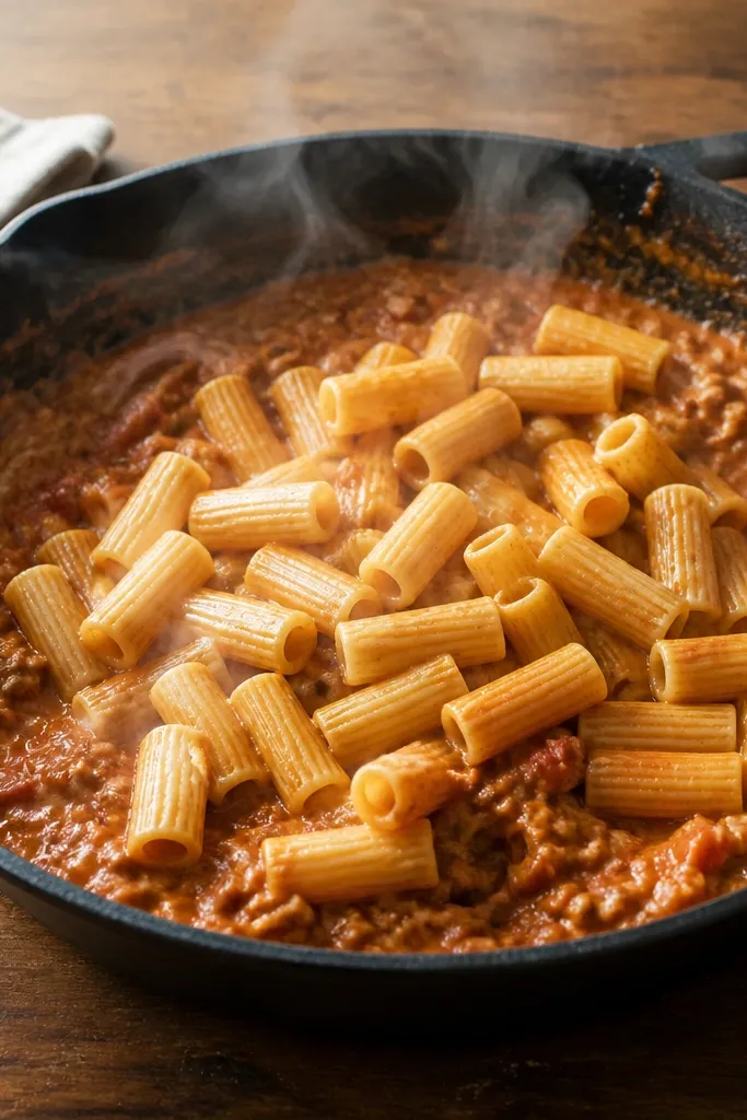 A cast-iron skillet on a wooden table with vodka meat sauce visible on the sides, rigatoni piled in the center, and steam rising.