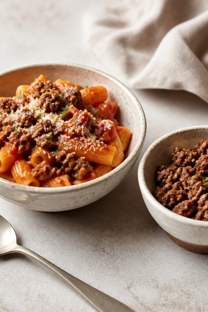 Two small bowls: one with pasta and sauce, one with extra browned meat crumbles on the side, plus a small spoon resting near the bowls.
