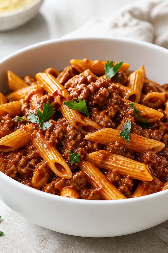 A white ceramic bowl filled with dark red-brown vodka meat sauce and penne, with a glossy shine and a few parsley leaves on top.