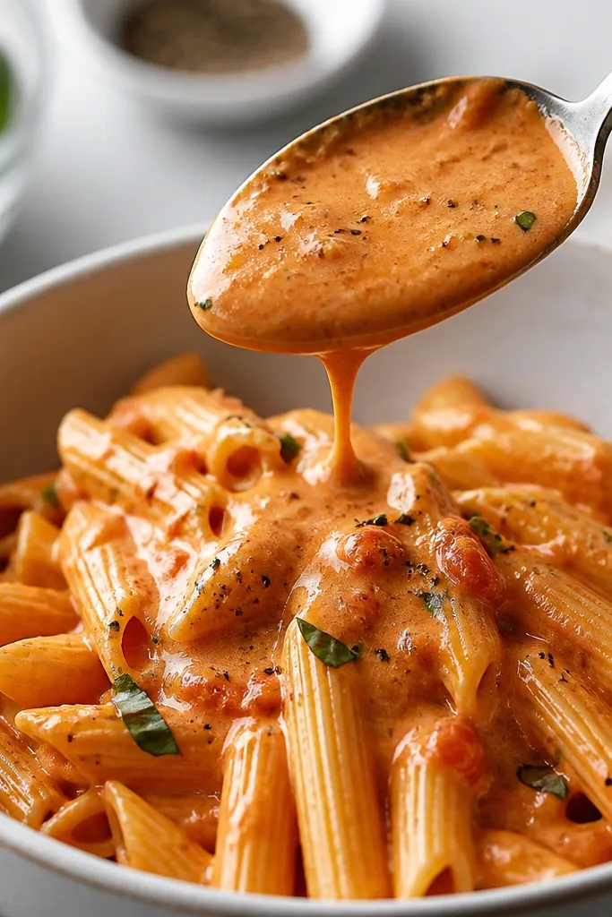 A photo of a spoon lifting sauce from the bowl, showing thick coating and slow drip, with penne visible underneath and a glossy surface.