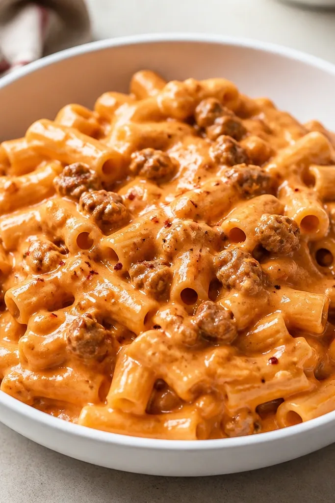 A white bowl filled with vodka pasta with sausage spicy. The sauce is a glossy pink-orange, clinging to short pasta, with visible crumbles of browned sausage throughout. A light sheen catches the light on the surface, and a few pepper flakes sit on top.