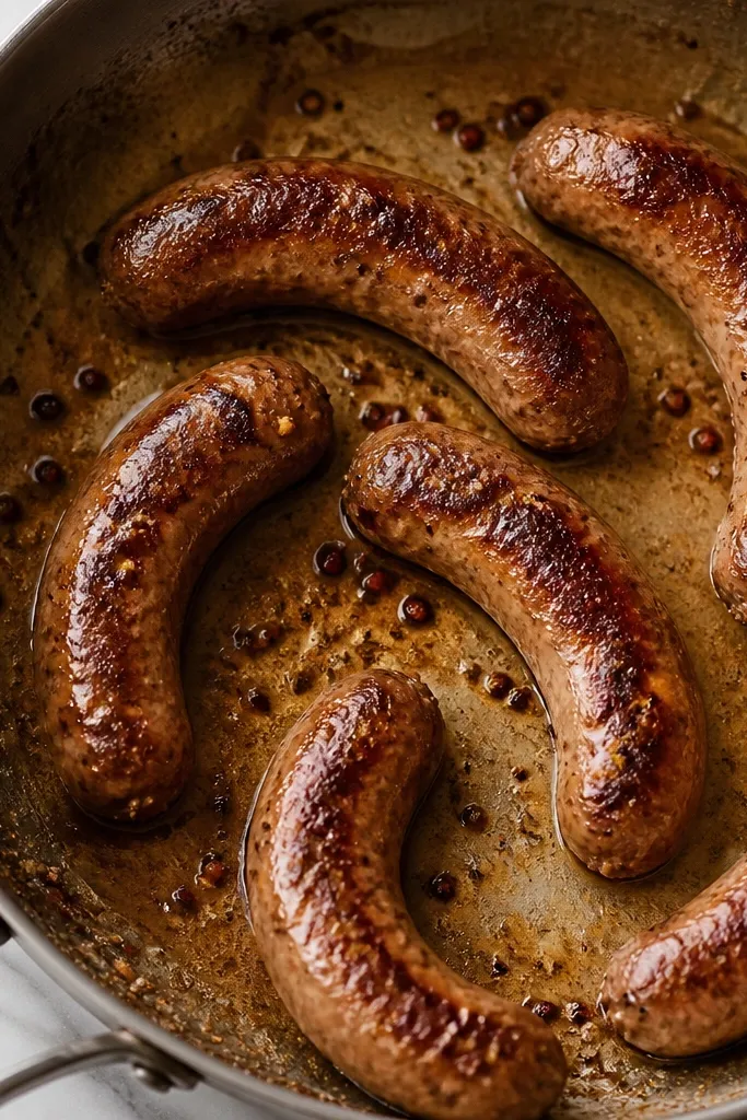 A skillet shot showing sausage browned to deep caramel spots. The pan has a thin film of sauce around the edges, and tiny black-red specks from pepper are visible. The vodka has just reduced, leaving a slightly glossy bottom.
