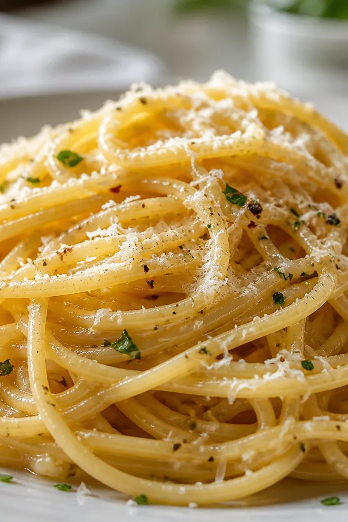 Close-up of plated pasta with a thin dusting of grated parmesan on top. The noodles shine under kitchen light, and a few parmesan flakes melt slightly into the sauce. Garlic is not visibly chunky, just implied by the aroma.