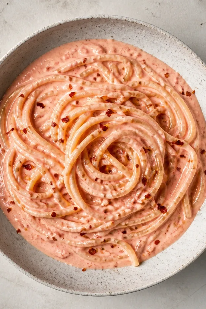 Top-down photo of the plated pasta. You can see tiny red pepper flakes scattered unevenly across the pink sauce like freckles. Some flakes are near the center swirl of pasta, others on the edges.