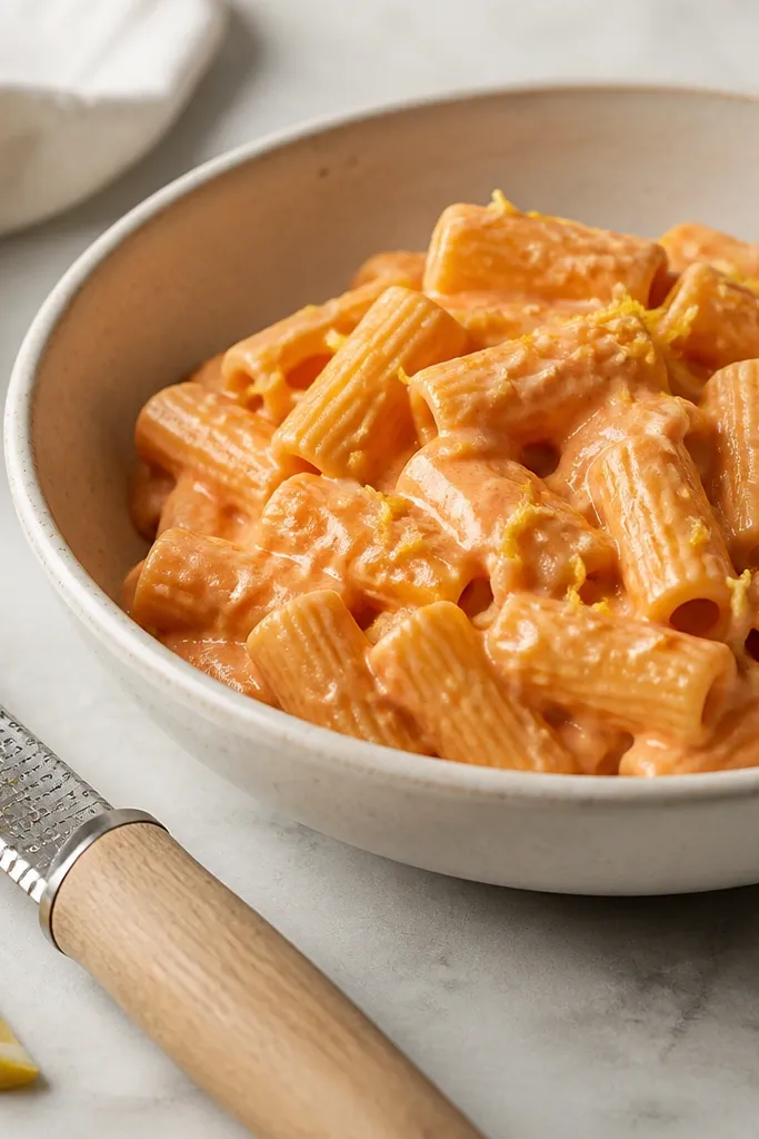 A small lemon wedge and a microplane zester resting beside a bowl of vodka pasta. The pasta has tiny specks of lemon zest scattered on top, and the sauce still looks glossy.