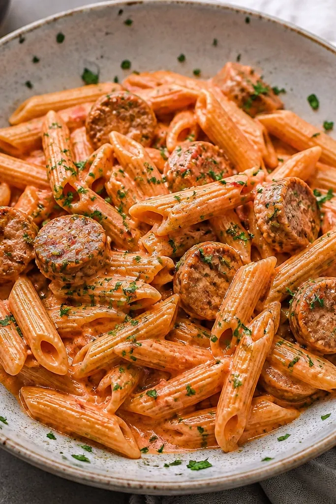 A bowl of pink vodka pasta with sausage spicy topped with chopped flat-leaf parsley. The green bits are small and evenly scattered, with some on the rim of the bowl.