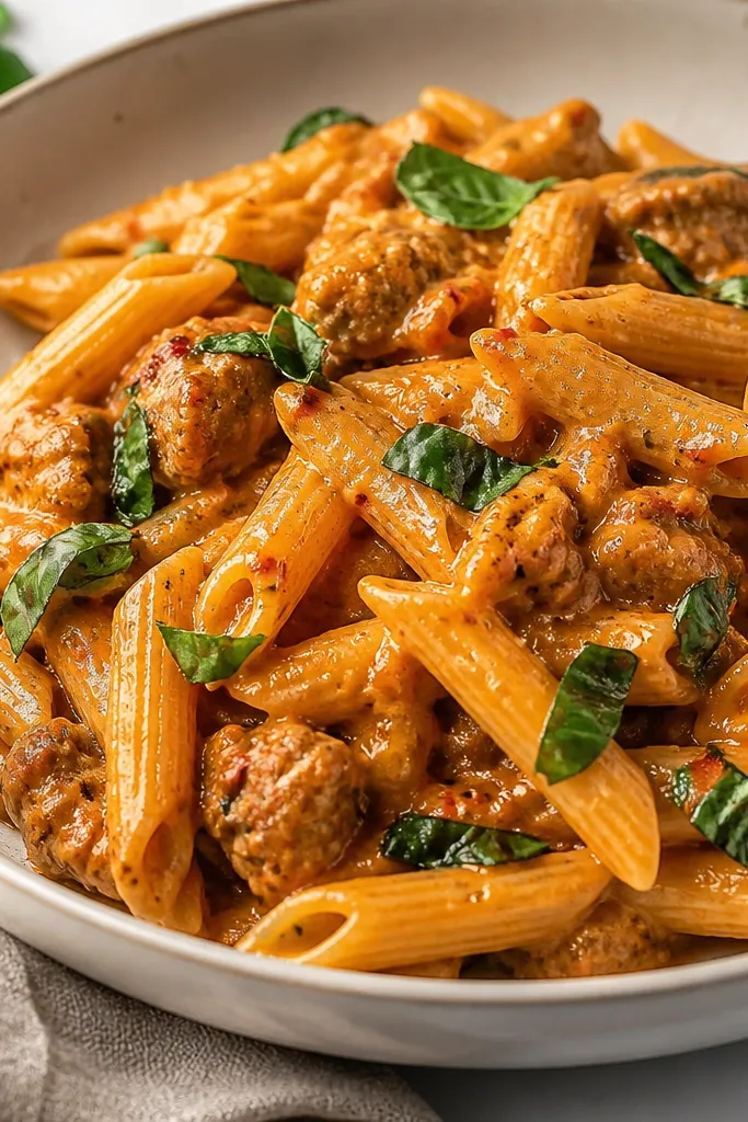 A serving of vodka pasta with sausage spicy topped with small torn basil leaves. The basil is glossy green, with a few leaves slightly wilted at the edges from residual heat.