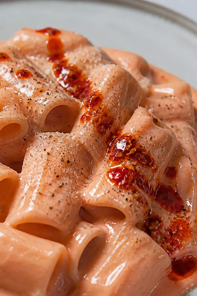 A close-up of plated pasta with a thin ribbon of red chili oil drizzled across the top. The oil catches light and makes the pink sauce look extra glossy, with small red flecks suspended.