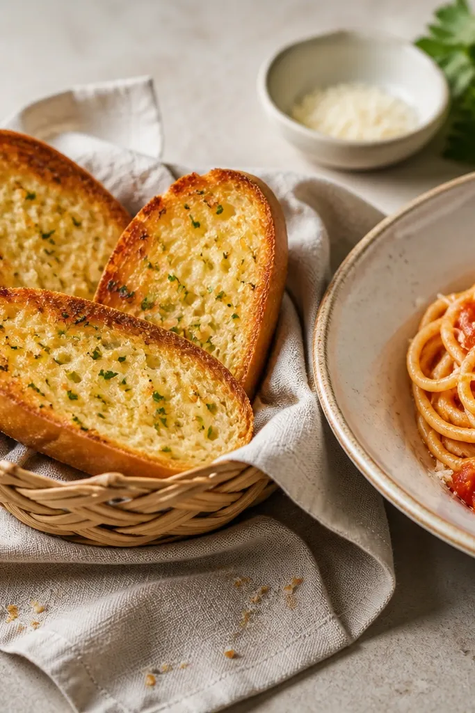 A small basket with toasted garlic bread slices beside the pasta. The bread has browned edges, a glossy garlic butter sheen, and a soft interior. A few crumbs sit on a cloth napkin.