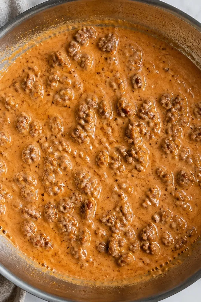 A top-down skillet photo with a thin pink-orange sauce film at the bottom. The vodka has reduced, leaving a glossy base with tiny bubbles around the edges. Sausage crumbles are visible throughout.