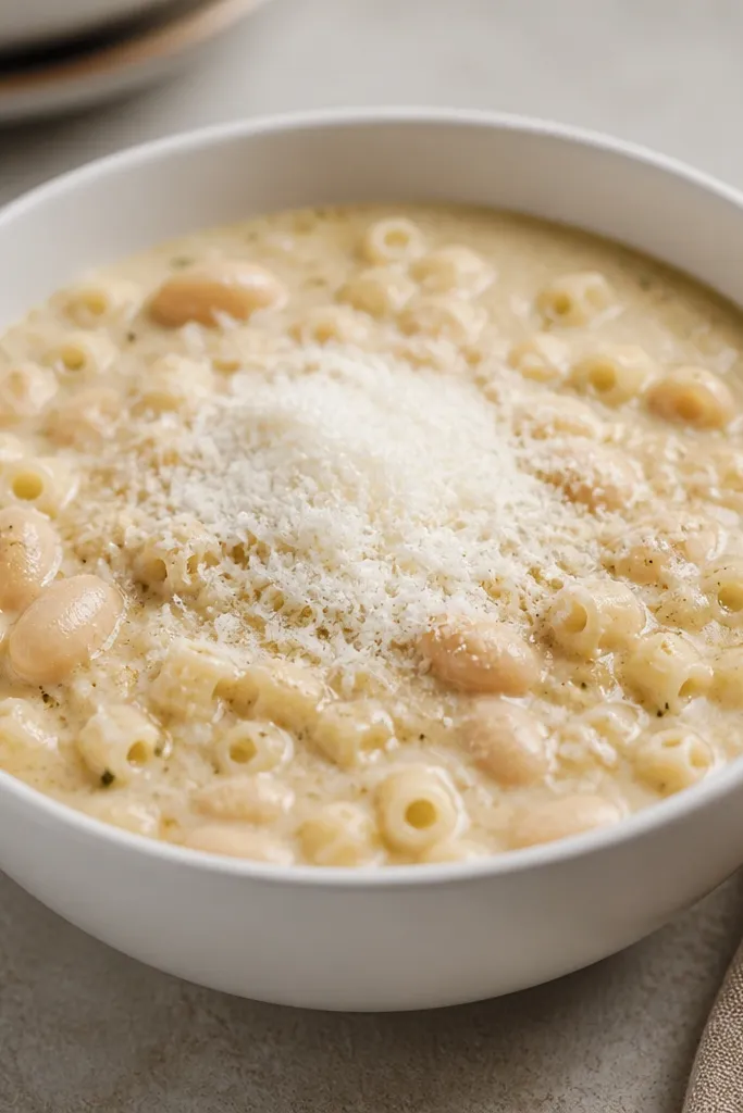 A white ceramic bowl filled with pale creamy white pasta fagioli. Small pasta pieces and cannellini beans are visible under a glossy, light sauce. A snowy pile of finely grated Parmigiano-Reggiano sits in the center and melts slightly at the edges.