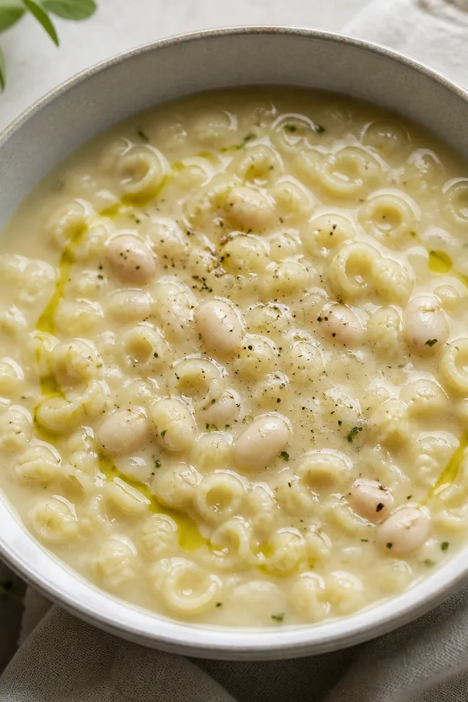 A bowl of white pasta fagioli with a thin ribbon of green-gold olive oil swirling on top. Black pepper specks dot the surface, and the center has a gentle glossy highlight.