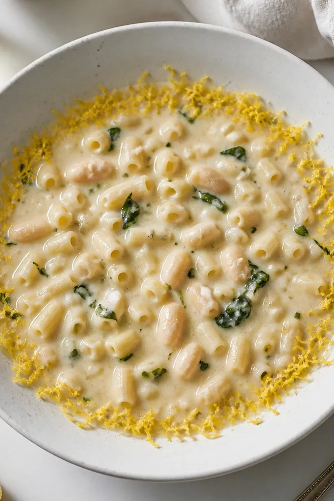 White pasta fagioli garnished with lemon zest in a thin ring around the bowl edge. The center shows creamy sauce with visible beans, and the zest looks yellow and fresh against the pale background.