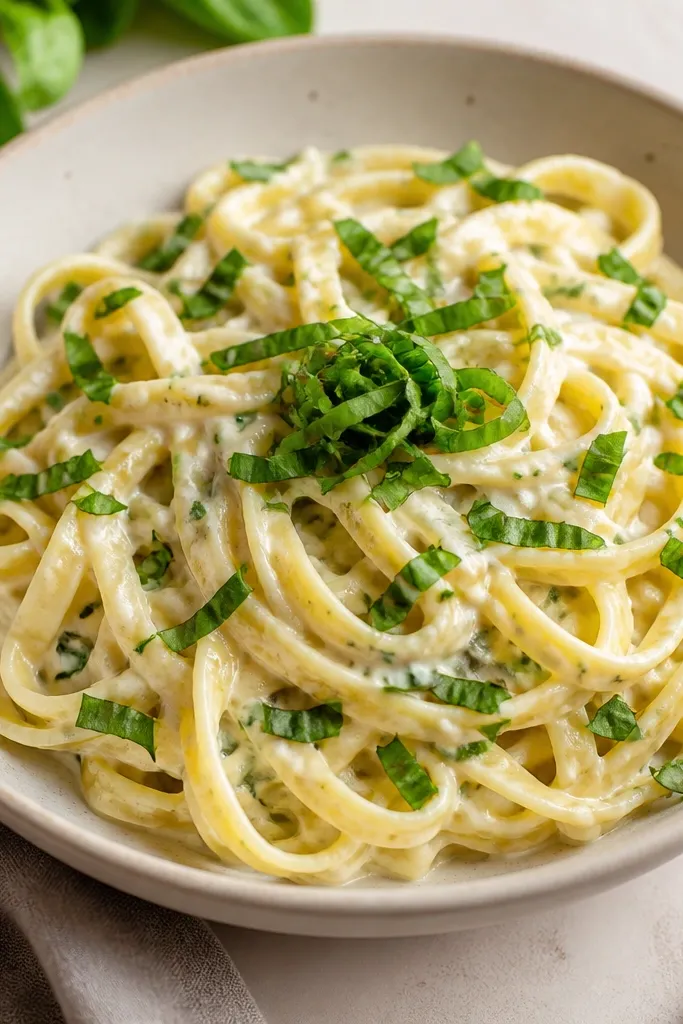 A bowl where chopped basil is scattered lightly over the top, with a small pinwheel pile in the center. The sauce remains pale and creamy, and the basil looks vivid green.