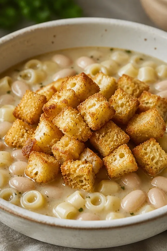 White pasta fagioli topped with small golden garlic croutons. The croutons sit in a mound at the center, with pale beans and pasta visible around the edges.