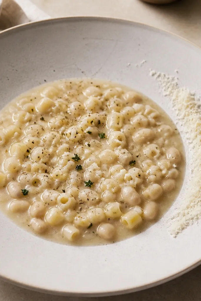 A serving plate with a shallow pool of white pasta fagioli and a small swipe of extra grated Parm on the side of the bowl, like a garnish line. The sauce stays pale and thick.
