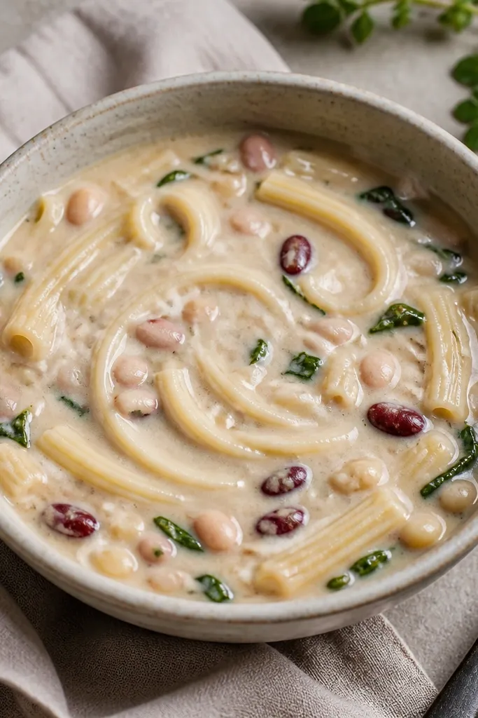 A bowl where the surface of the creamy sauce shows curved spoon trails, like a gentle swirl pattern. Beans and pasta are visible under the glossy surface.