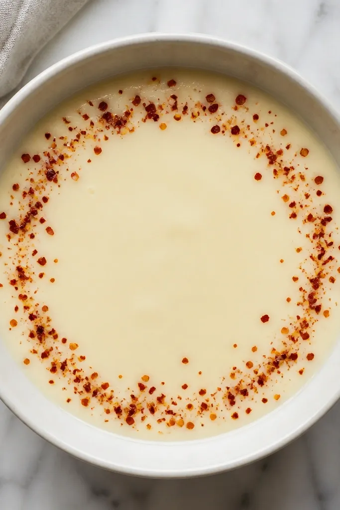 A pale creamy bowl with a tiny pinch of crushed red pepper flakes sprinkled only around the outer edge. The center stays clean and creamy.
