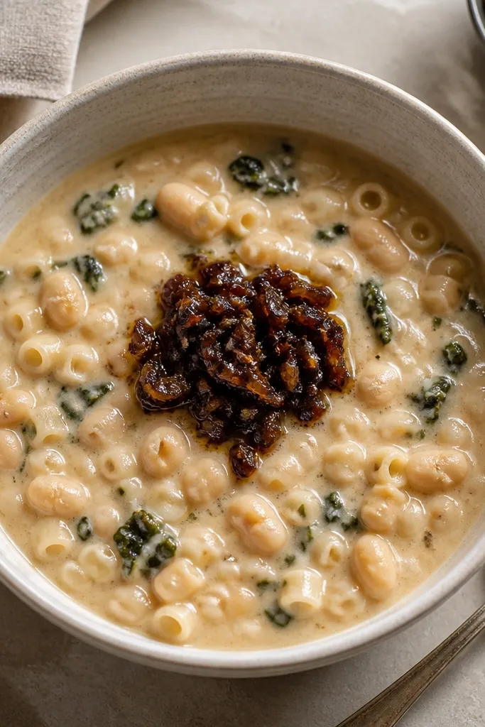 A bowl of white pasta fagioli with a small spoonful of glossy dark shallot topping in the center. The sauce stays pale, and the dark accent contrasts strongly.