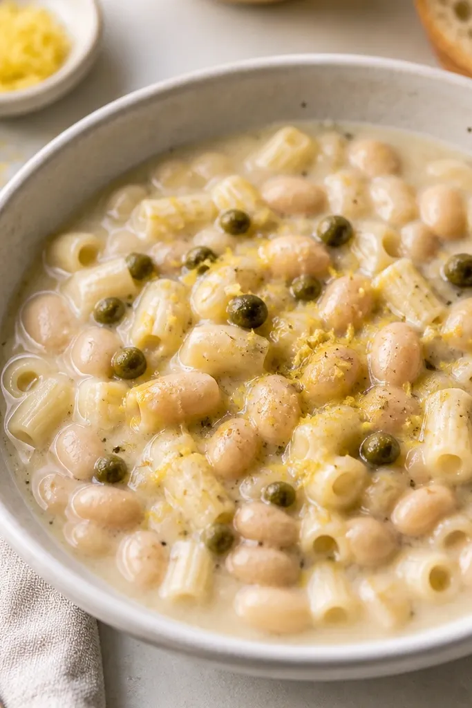 White pasta fagioli with a few capers scattered across the top and a light dusting of lemon zest. The sauce is pale and creamy with visible beans.