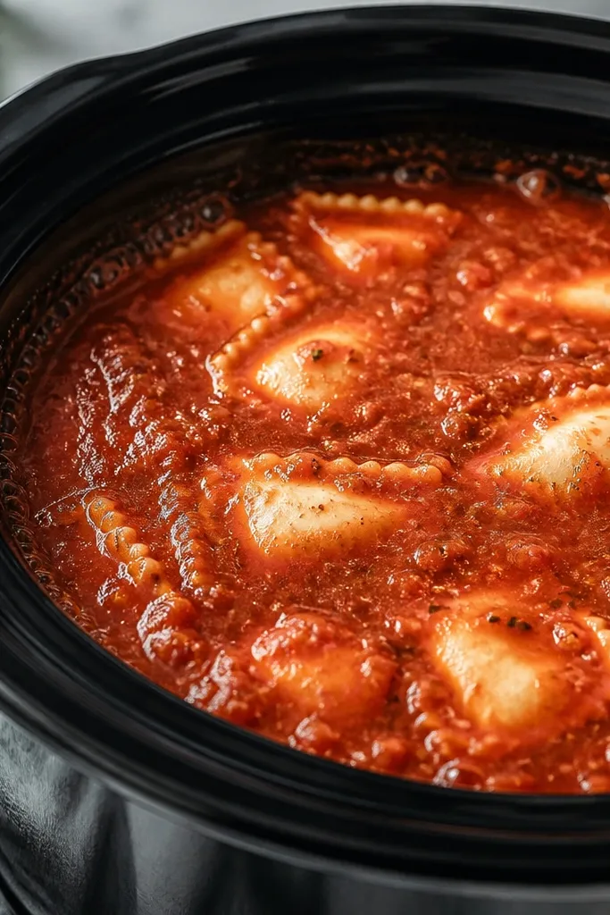 A red marinara sauce simmering in a slow cooker, with small bubbling rings visible around the edges of the insert. Cheese ravioli are partially submerged, showing pale filling peeking through the sauce.