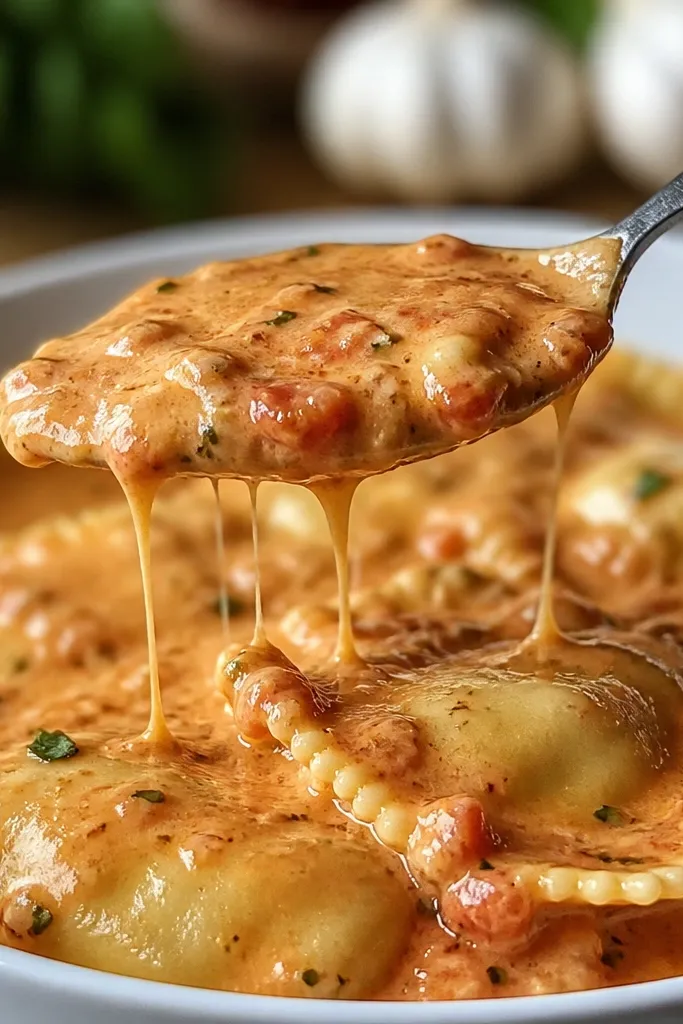 A spoonful of creamy red-and-cream sauce with visible garlic flecks, layered over cheese ravioli. The top has a light sheen and a few melted cheese strands stretching slightly.