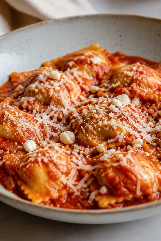 The ravioli are coated in sauce, and the surface shows a scattered mix of white cheese shreds and pale crumbles. The sauce is thick and holds the cheese in place.