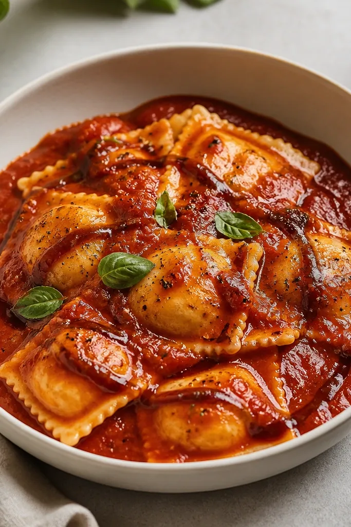 A bowl of ravioli with a red pepper swirl visible on top - darker red streaks over brighter marinara. The sauce looks thick and glossy, with ravioli edges intact.