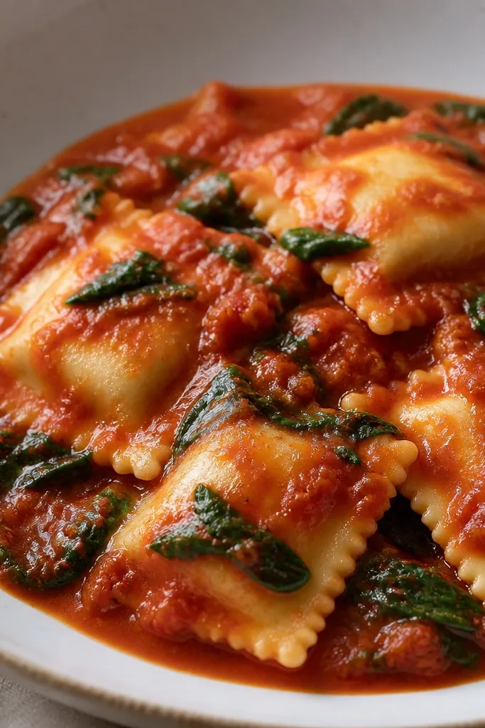 Green spinach flecks are scattered through the red sauce around cheese ravioli. The spinach looks wilted but not mushy, and the sauce has a thick consistency.