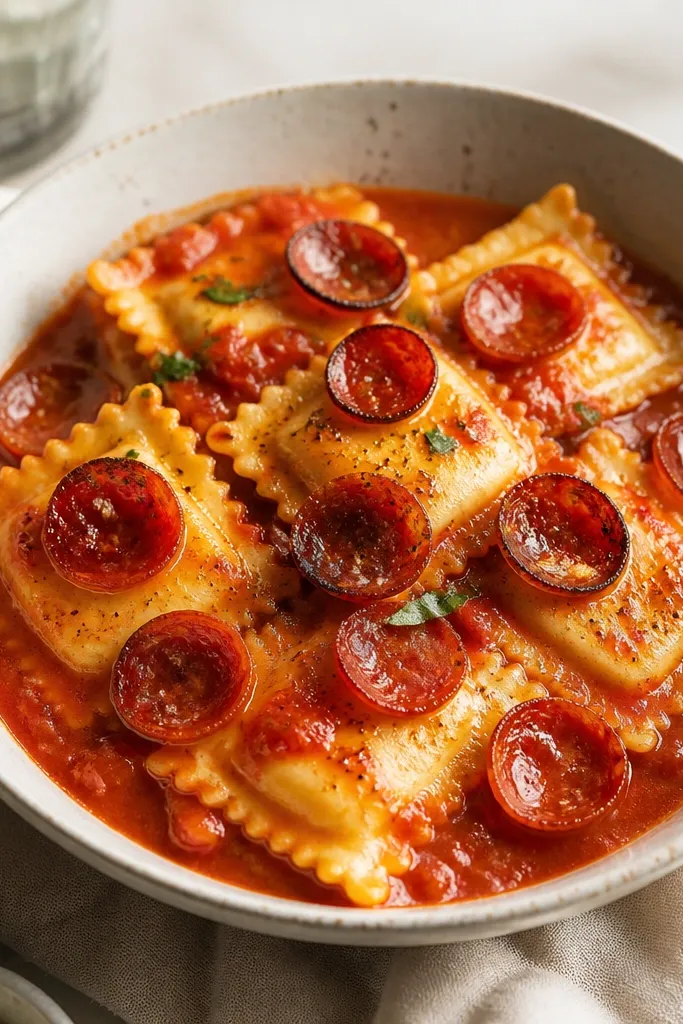 Ravioli in red sauce with small pepperoni slices on top. The pepperoni edges look slightly curled and browned, with a shiny fat sheen.