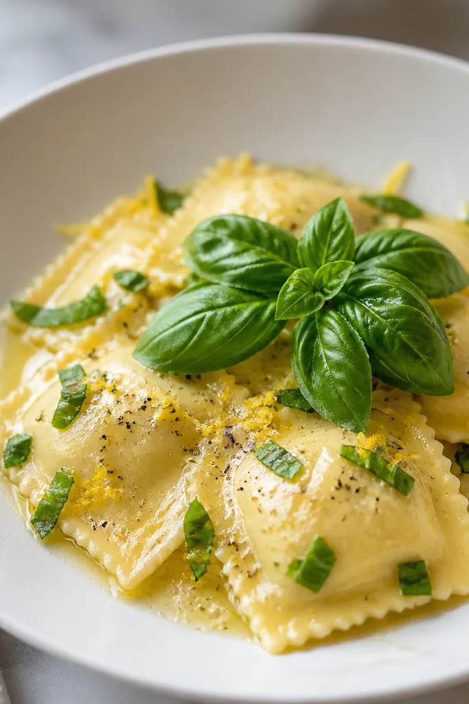 A serving of ravioli with a small mound of basil leaves on top and fine yellow lemon zest scattered over the sauce. The sauce looks bright and not overly heavy.
