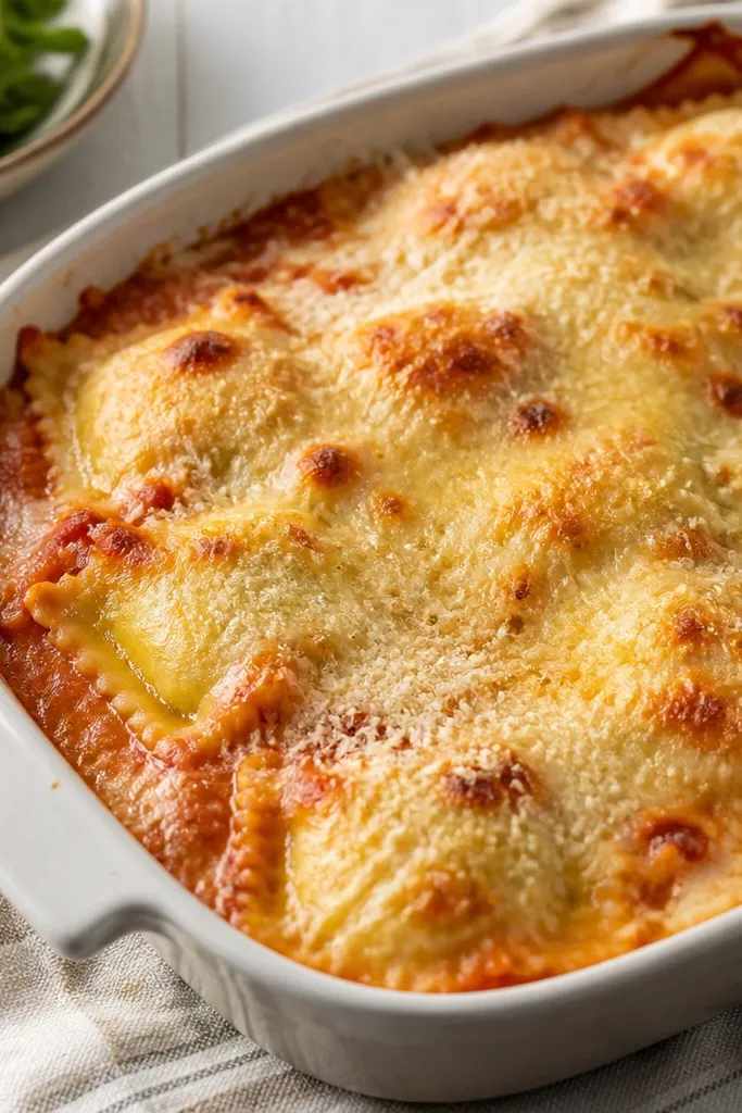 A casserole-style dish of ravioli with a golden Parmesan layer on top, slightly browned in spots. The sauce bubbles around the edges of a baking dish.